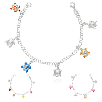 Kids Sterling Silver 3mm Hearts Butterflies Turtles Enamel Charm Bracelet (Solid Links) 6.5" - WJD Exclusives