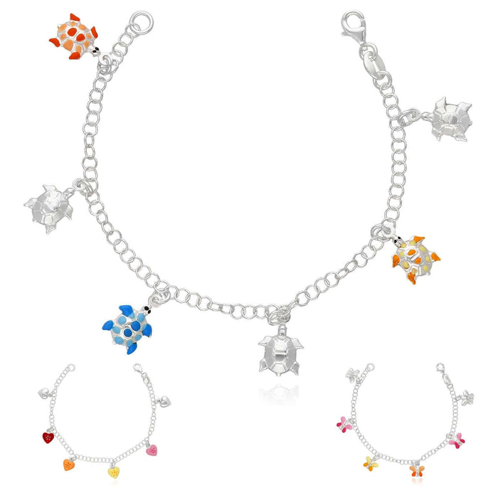 Kids Sterling Silver 3mm Hearts Butterflies Turtles Enamel Charm Bracelet (Solid Links) 6.5" - WJD Exclusives