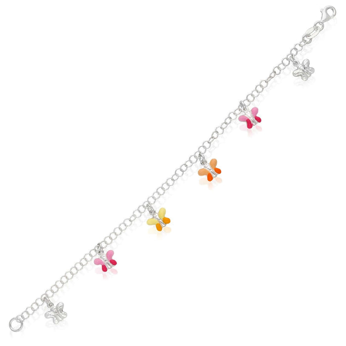 Kids Sterling Silver 3mm Hearts Butterflies Turtles Enamel Charm Bracelet (Solid Links) 6.5" - WJD Exclusives