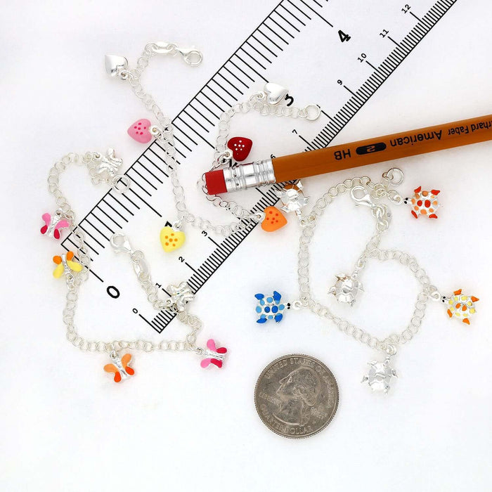 Kids Sterling Silver 3mm Hearts Butterflies Turtles Enamel Charm Bracelet (Solid Links) 6.5" - WJD Exclusives