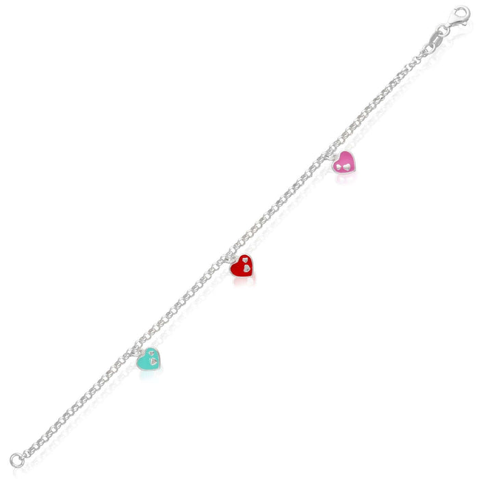 Kids 2.5mm Sterling Silver Enamel Heart Charm Bracelet (Solid Links) 7" - WJD Exclusives