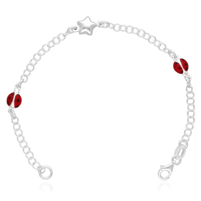 Kids Sterling Silver 3mm Red Ladybug Star Cable Bracelet (Solid Links) 6.5" - WJD Exclusives