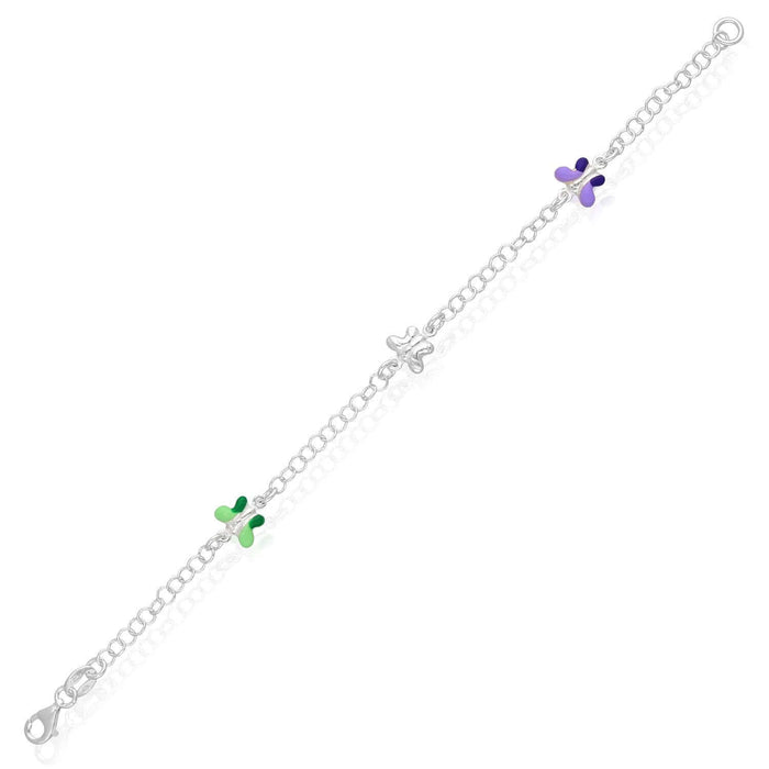 Kids Sterling Silver 3mm Cable Chain Butterfly Charm Bracelet (Solid Links) 6.5" - WJD Exclusives