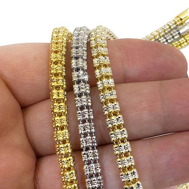 18K Yellow Gold Over Sterling Silver 5mm Iced Diamond - Cut Mesh Chain (Solid Links) 16" - WJD Exclusives