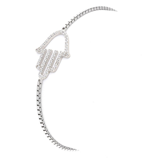 925 Sterling Silver White Cubic Zirconia Hamsa Adjustable Slider Bracelet