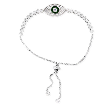 925 Sterling Silver Evil Eye CZ Bolo Tennis Sliding Adjustable Bracelet
