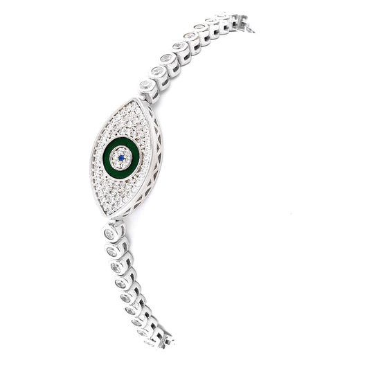 925 Sterling Silver Evil Eye CZ Bolo Tennis Sliding Adjustable Bracelet