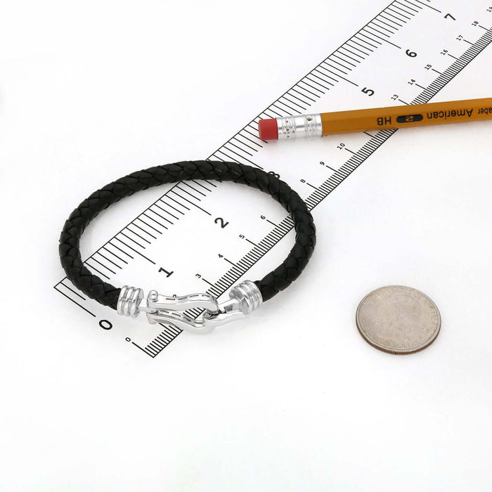 Sterling Silver Hook Clasp Black Woven Leather Bracelet (Solid Links) 8.5" - WJD Exclusives