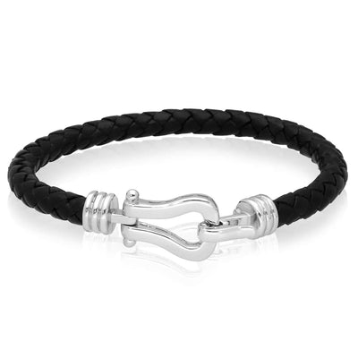 Sterling Silver Hook Clasp Black Woven Leather Bracelet (Solid Links) 8.5" - WJD Exclusives