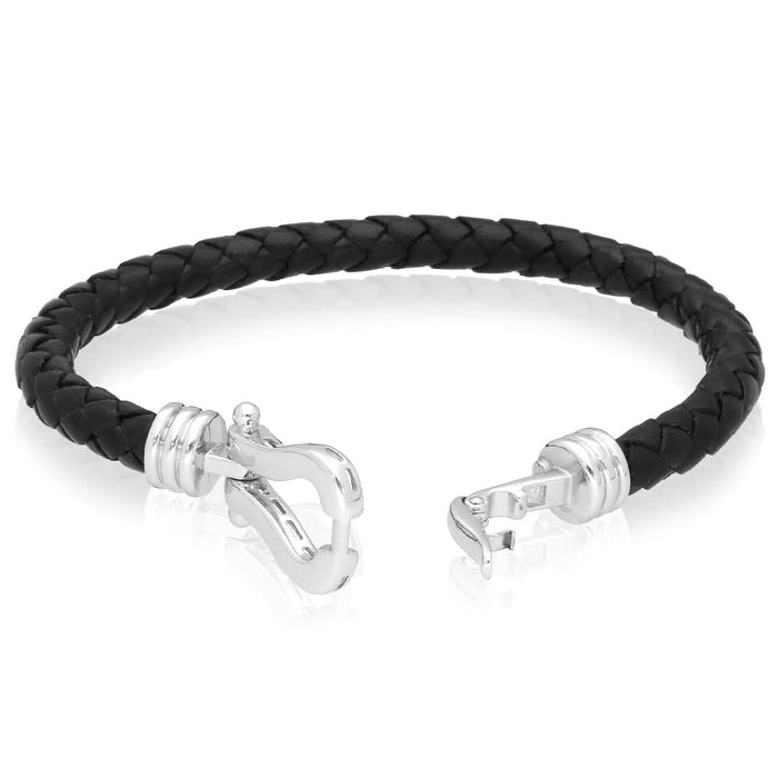 Sterling Silver Hook Clasp Black Woven Leather Bracelet (Solid Links) 8.5" - WJD Exclusives