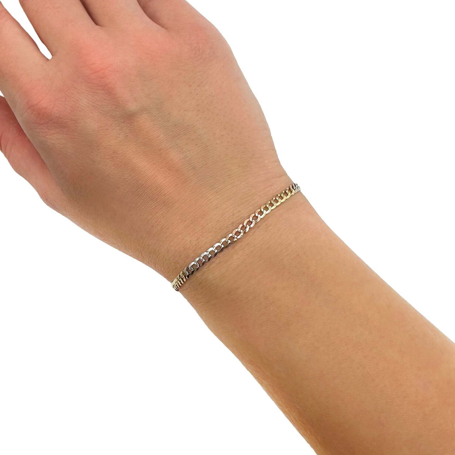 10K Yellow White Rose Gold 3.2mm Tri-Color Diamond-Cut Curb