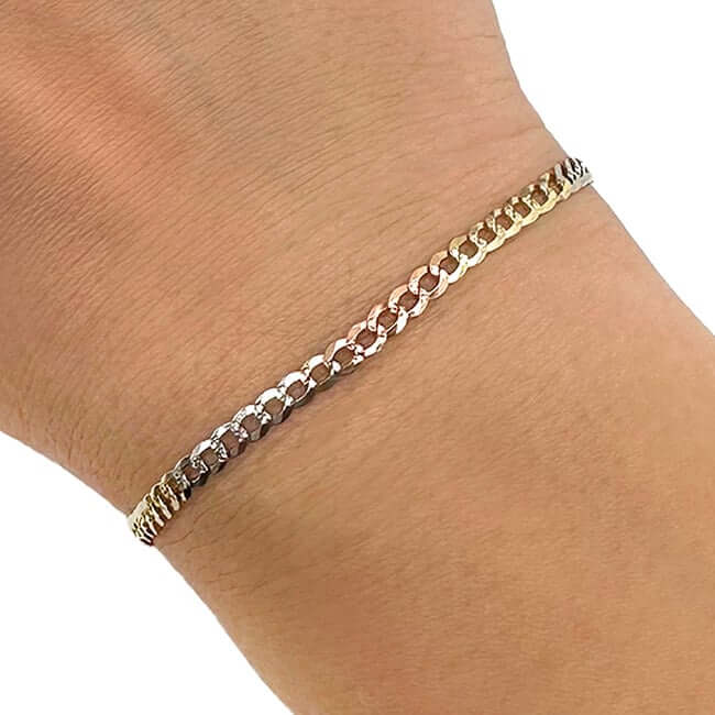 10K Yellow White Rose Gold 3.2mm Tri - Color Diamond - Cut Cuban Curb Bracelet (Solid Links) 7" - WJD Exclusives