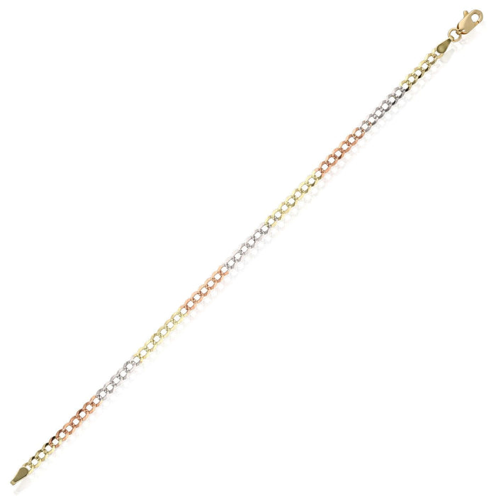 10K Yellow White Rose Gold 3.2mm Tri - Color Diamond - Cut Cuban Curb Bracelet (Solid Links) 7" - WJD Exclusives