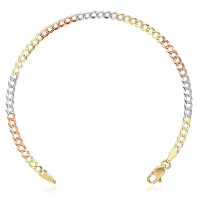 10K Yellow White Rose Gold 3.2mm Tri - Color Diamond - Cut Cuban Curb Bracelet (Solid Links) 7" - WJD Exclusives