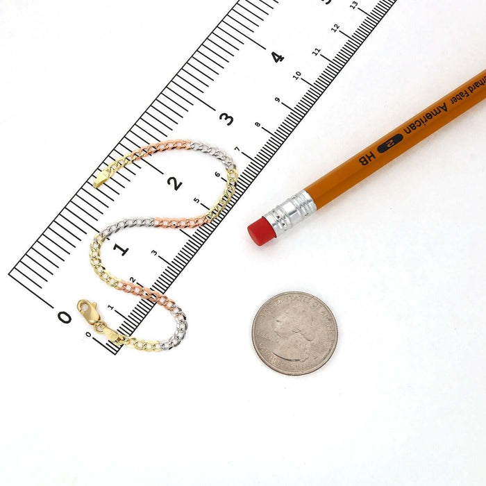 10K Yellow White Rose Gold 3.2mm Tri - Color Diamond - Cut Cuban Curb Bracelet (Solid Links) 7" - WJD Exclusives