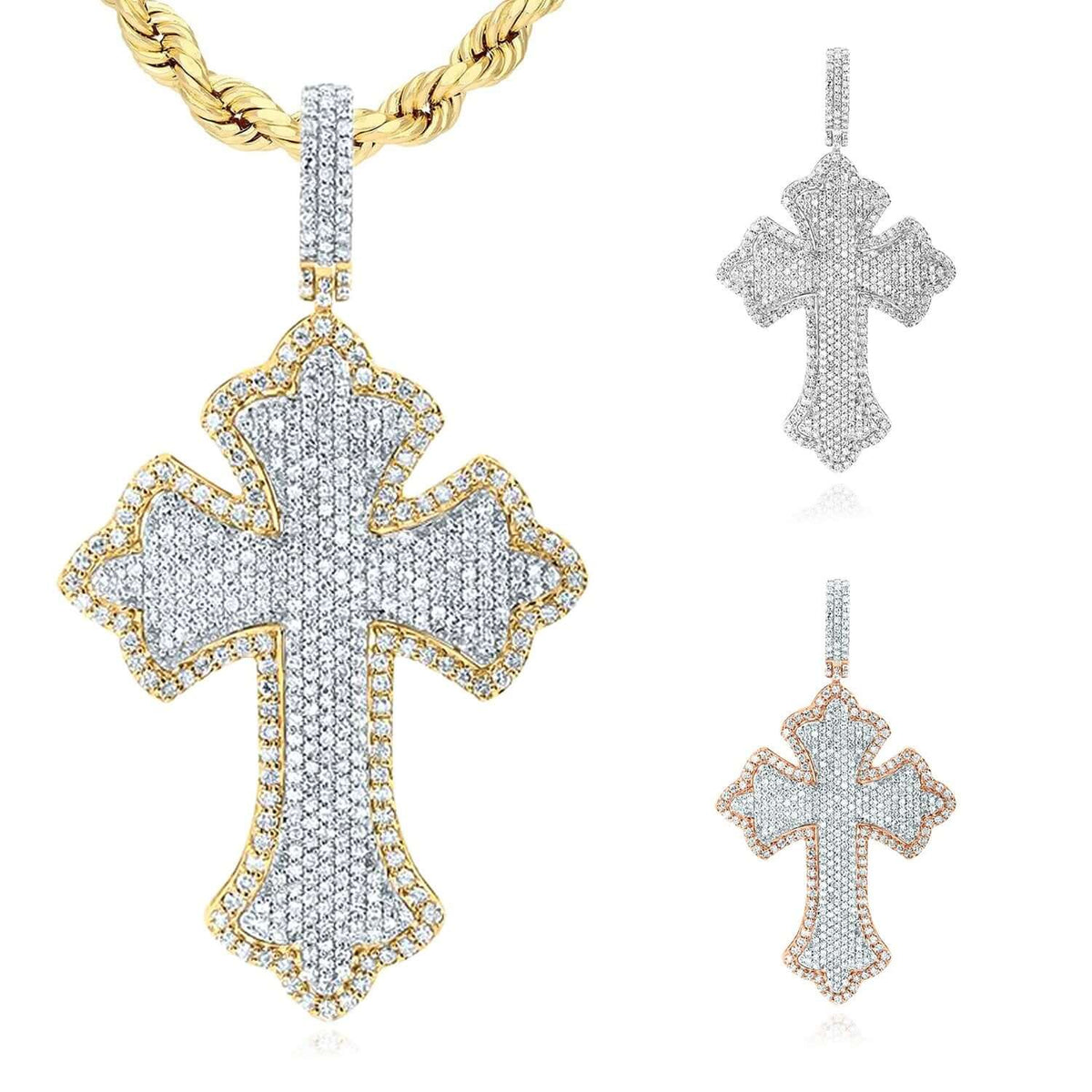 2.00CTW Natural Diamond 10K Gold Yellow, White, Rose Cross Pendant 2.3" - WJD Exclusives