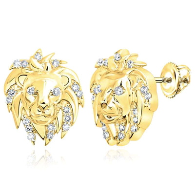 0.08CTW Natural Diamond 10K Gold Lion Head Stud Earrings 0.4" - WJD Exclusives