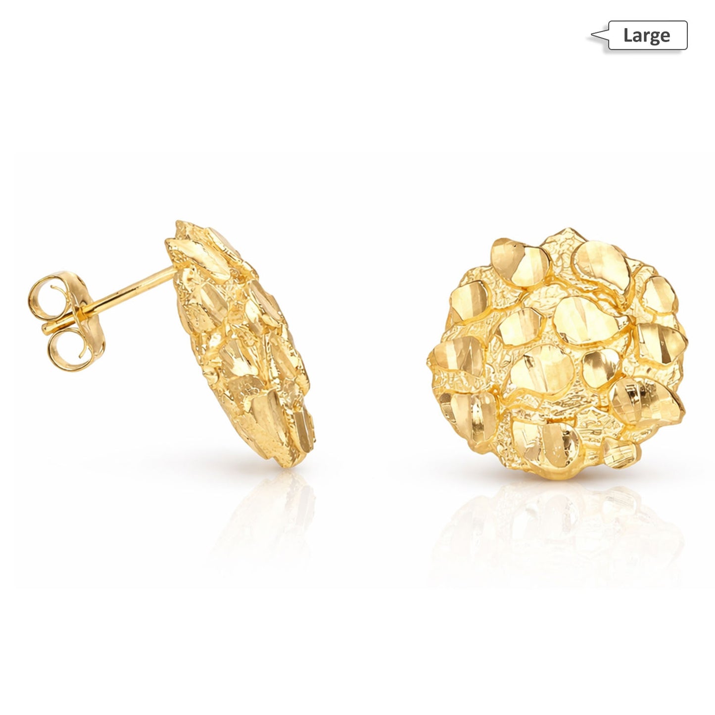 10K Gold Round Nugget Butterfly Back Stud Earrings 8mm, 10mm, 15mm