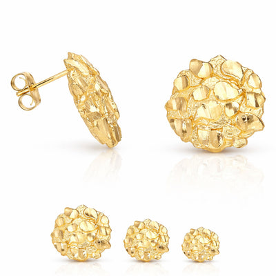 10K Gold Round Nugget Butterfly Back Stud Earrings 8mm, 10mm, 15mm