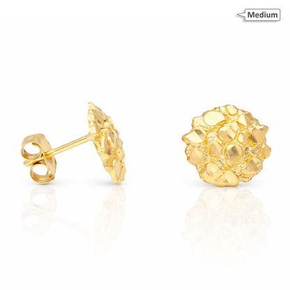10K Gold Round Nugget Butterfly Back Stud Earrings 8mm, 10mm, 15mm