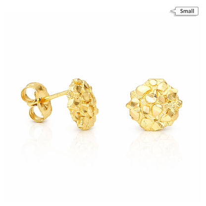 10K Gold Round Nugget Butterfly Back Stud Earrings 8mm, 10mm, 15mm