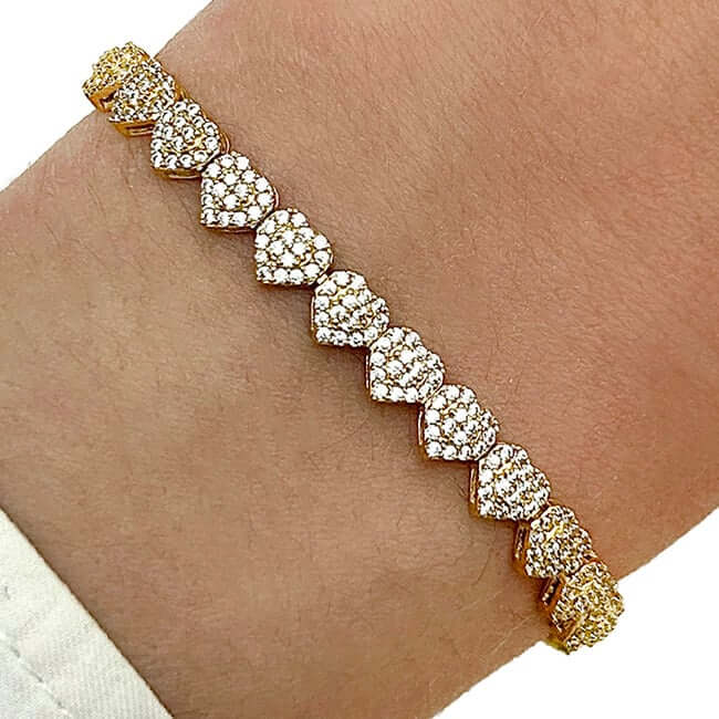 3CTW CZ 14K Yellow Gold 5.5mm Heart Tennis Bracelet 7" - WJD Exclusives