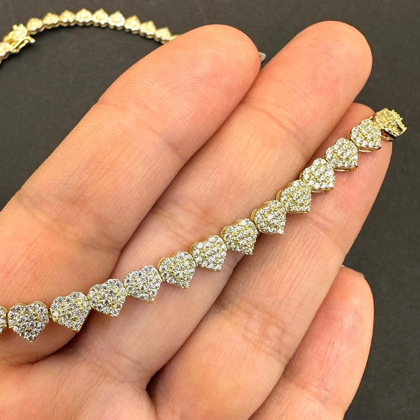 7.00CTW CZ 14K Real Gold 5.5mm Heart Tennis Necklace 18"