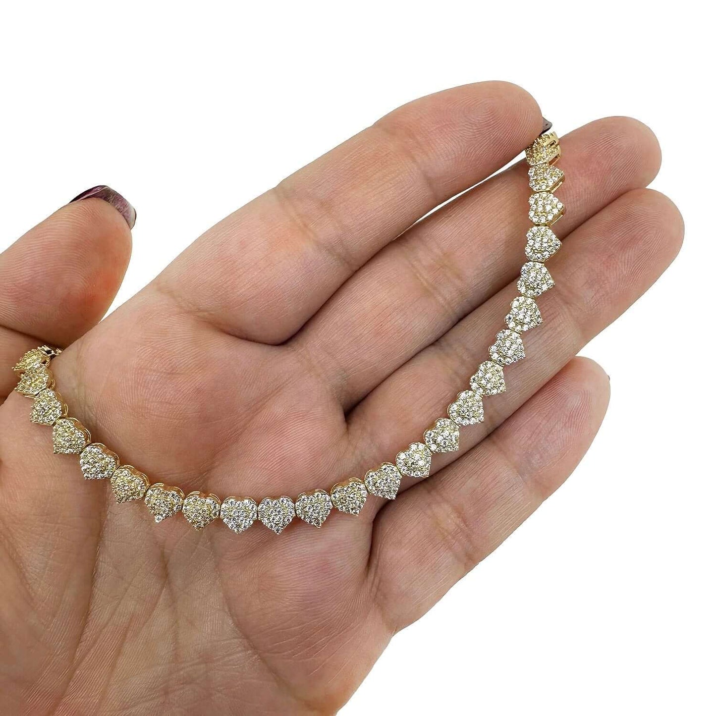7.00CTW CZ 14K Real Gold 5.5mm Heart Tennis Necklace 18"
