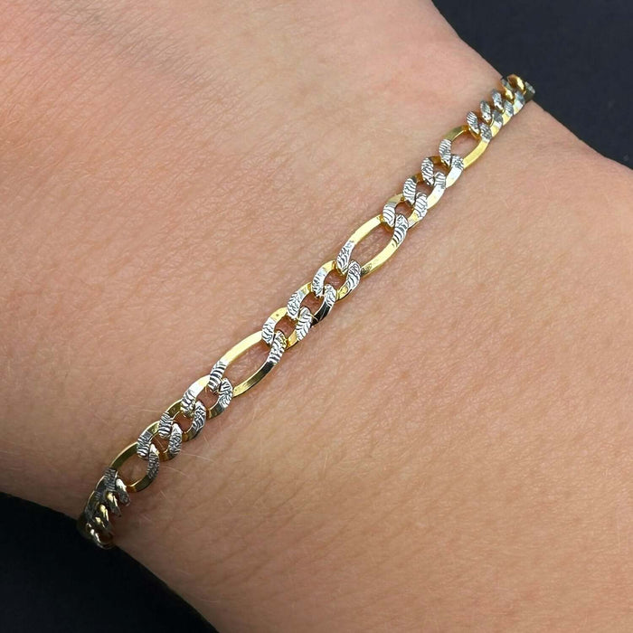 14K Gold - Filled 3.5mm Diamond - Cut Figaro Bracelet (Solid Links) 8" - WJD Exclusives