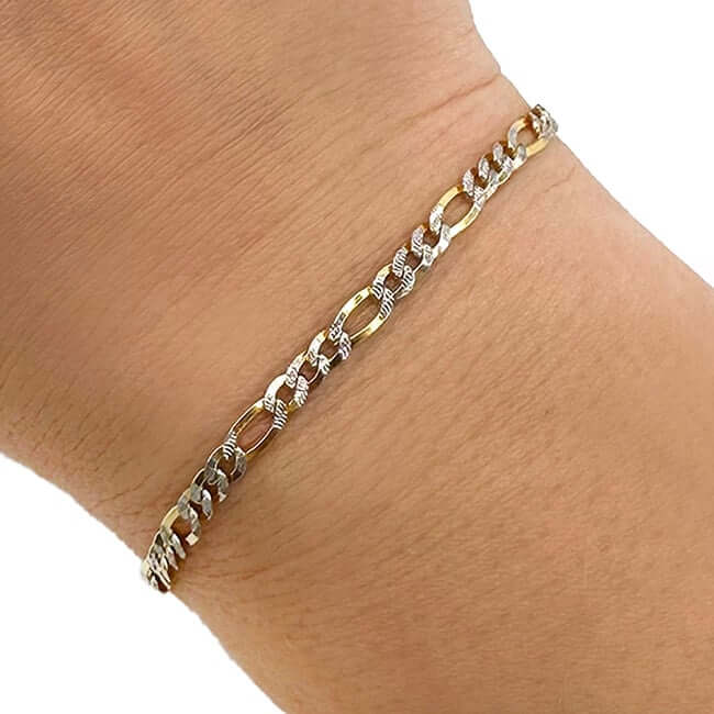 14K Gold - Filled 3.5mm Diamond - Cut Figaro Bracelet (Solid Links) 8" - WJD Exclusives