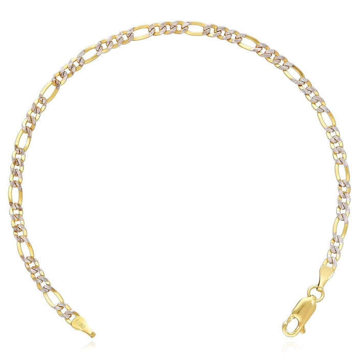 14K Gold - Filled 3.5mm Diamond - Cut Figaro Bracelet (Solid Links) 8" - WJD Exclusives