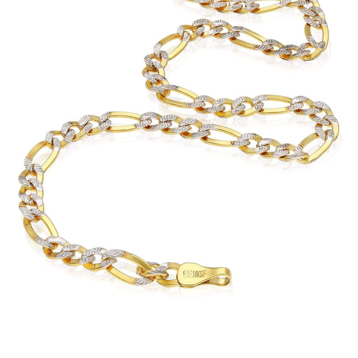 14K Gold - Filled 3.5mm Diamond - Cut Figaro Bracelet (Solid Links) 8" - WJD Exclusives