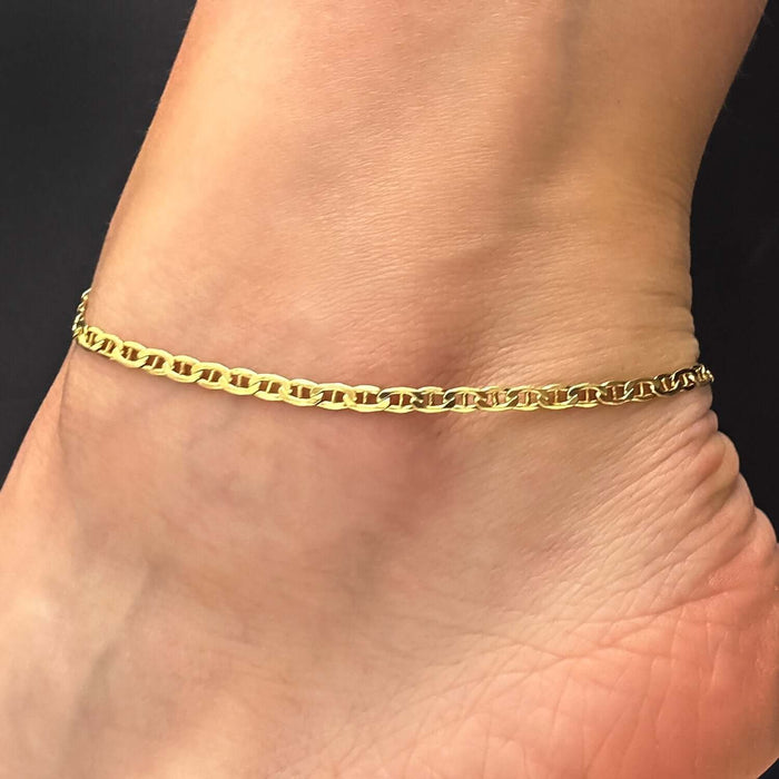 14K Gold - Filled 3mm Anchor Mariner Anklet (Solid Links) 10" - WJD Exclusives
