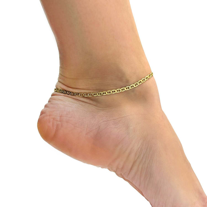 14K Gold - Filled 3mm Anchor Mariner Anklet (Solid Links) 10" - WJD Exclusives
