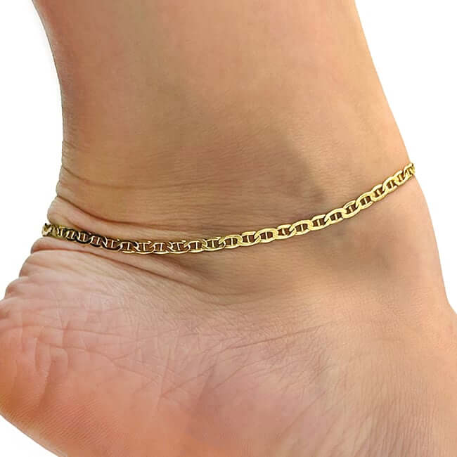14K Gold - Filled 3mm Anchor Mariner Anklet (Solid Links) 10" - WJD Exclusives