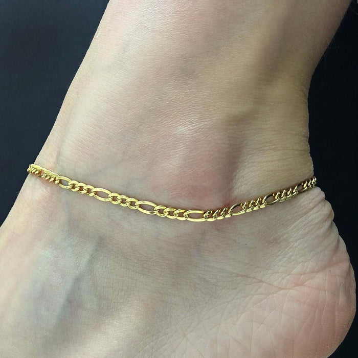 14K Gold - Filled 3mm Figaro Anklet (Solid Links) 10" - WJD Exclusives
