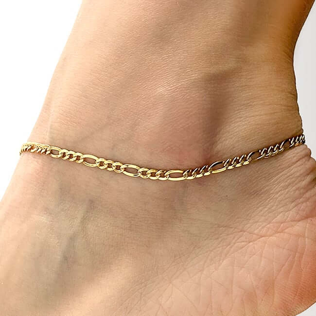 14K Gold - Filled 3mm Figaro Anklet (Solid Links) 10" - WJD Exclusives