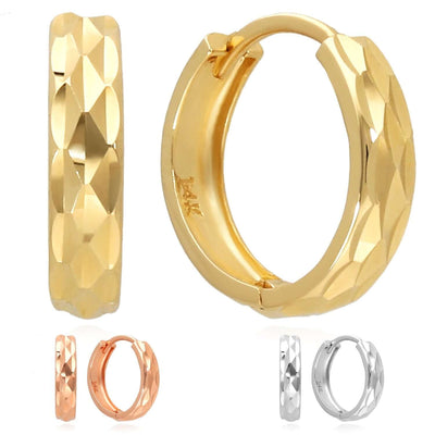 14K Gold Yellow, White, Rose Diamond - Cut Huggie Hoop Earrings 15mm - WJD Exclusives