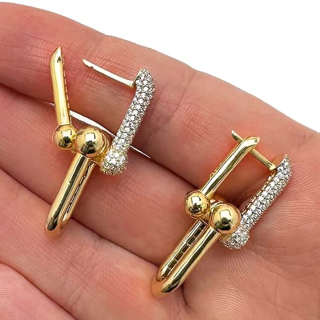 14K Gold HardWear Dangle Earrings with CZ Side Accents 35mm - WJD Exclusives