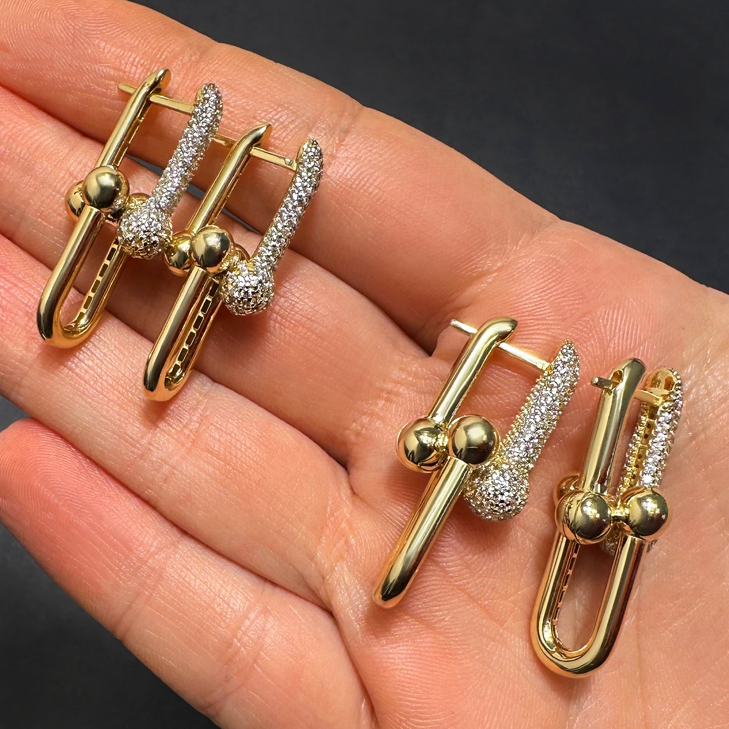 14K Gold HardWear Dangle Earrings with CZ Side Accents 32mm, 35mm