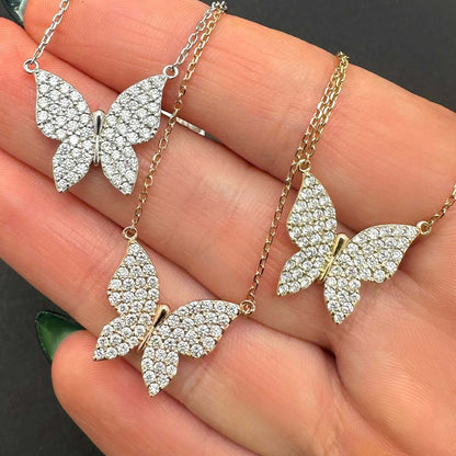 1.3CTW Natural Diamonds 14K Real Gold White, Rose Butterfly Pendant Necklace 16"