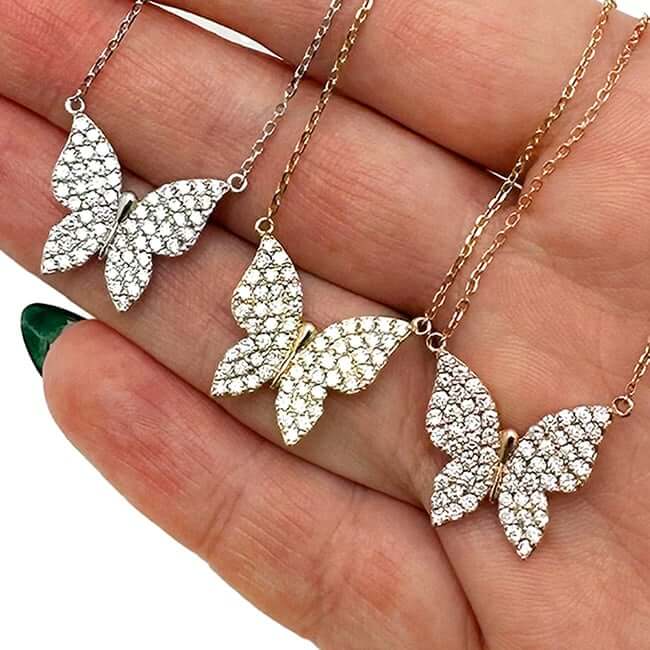 1.3CTW Natural Diamonds 14K White Rose Gold Butterfly Necklace (Solid Links) 16" - WJD Exclusives