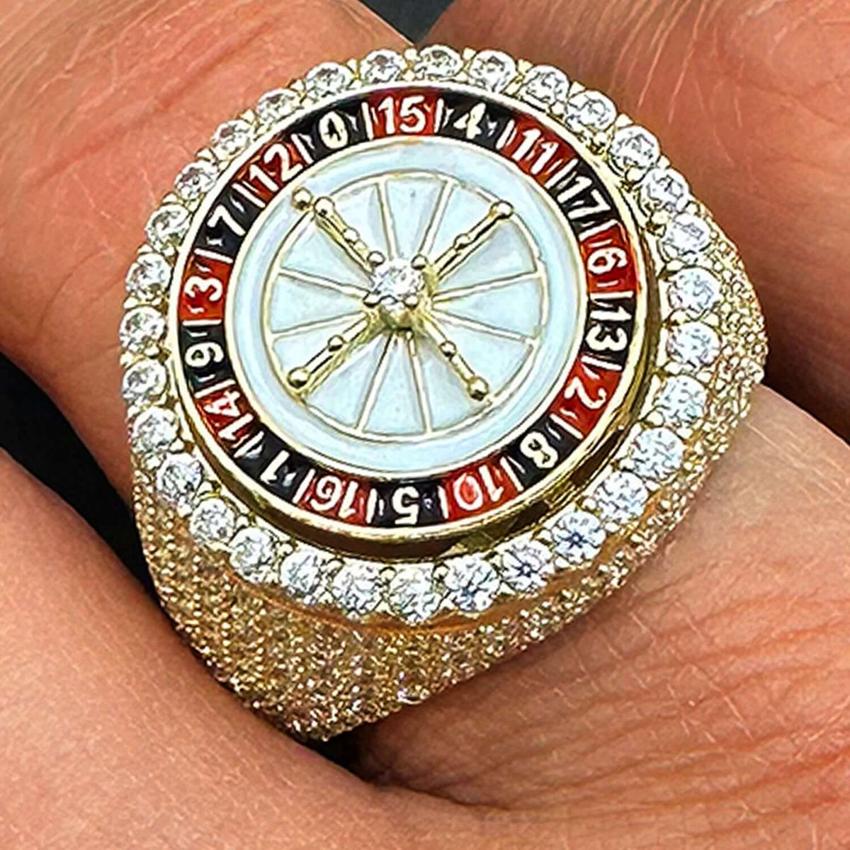 14K Gold Casino Rotating Roulette Wheel Enamel Signet Ring with CZ - WJD Exclusives