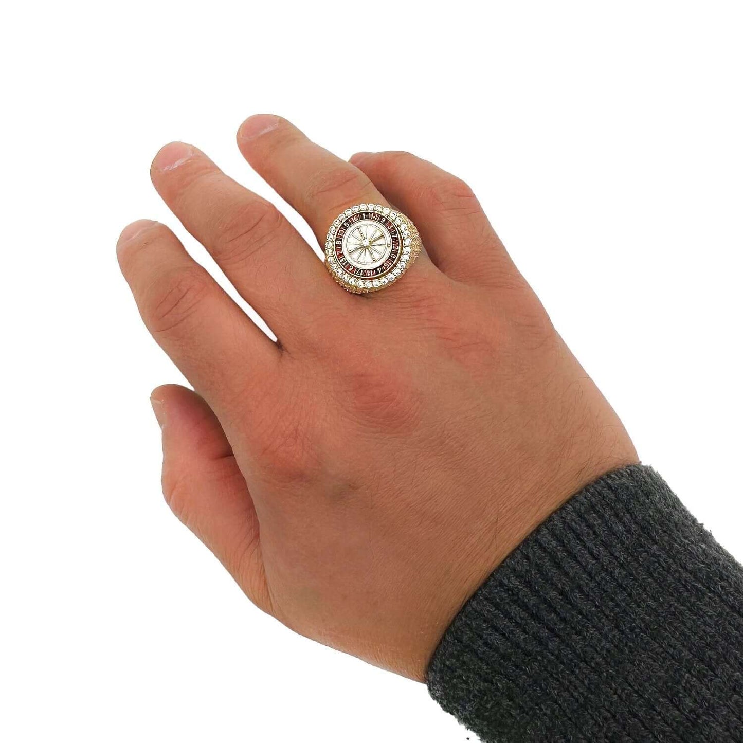 14K Real Gold Casino Rotating Roulette Wheel Enamel Signet Ring with CZ