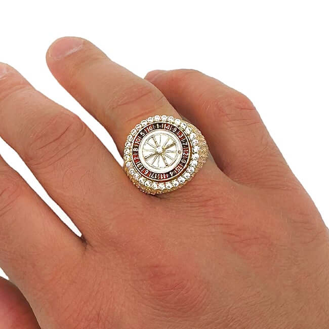 14K Real Gold Casino Rotating Roulette Wheel Enamel Signet Ring with CZ