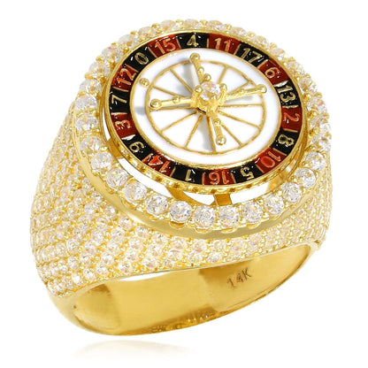 14K Real Gold Casino Rotating Roulette Wheel Enamel Signet Ring with CZ