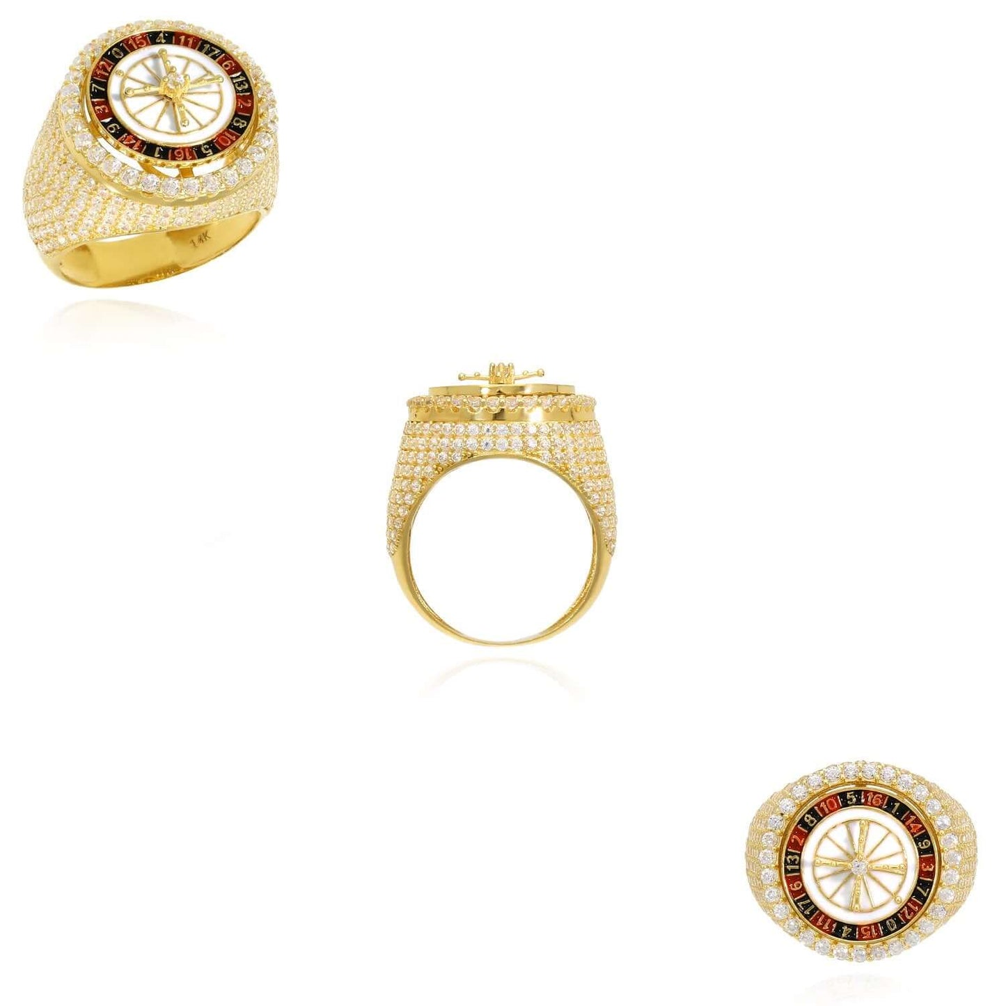 14K Real Gold Casino Rotating Roulette Wheel Enamel Signet Ring with CZ
