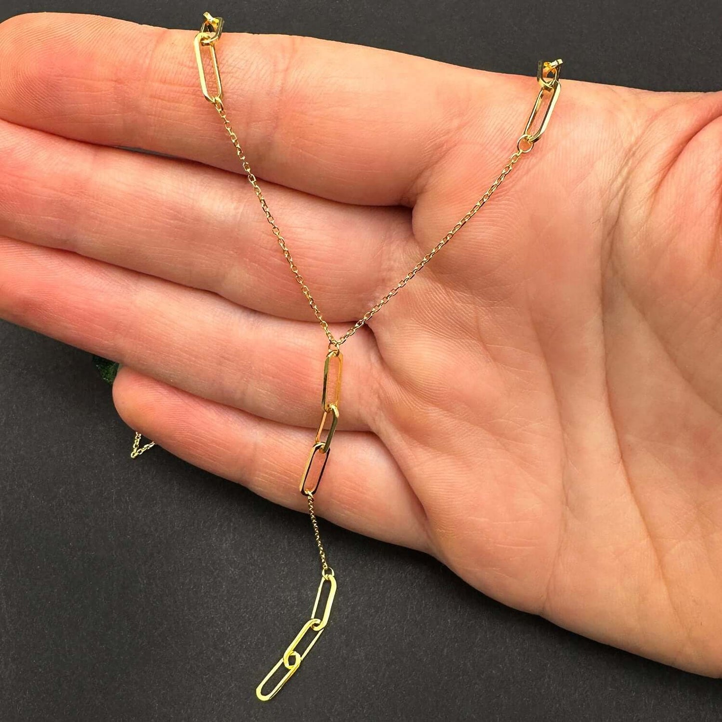 14K Real Gold 17" Lariat Paperclip Chain Necklace with 2.9" Drop