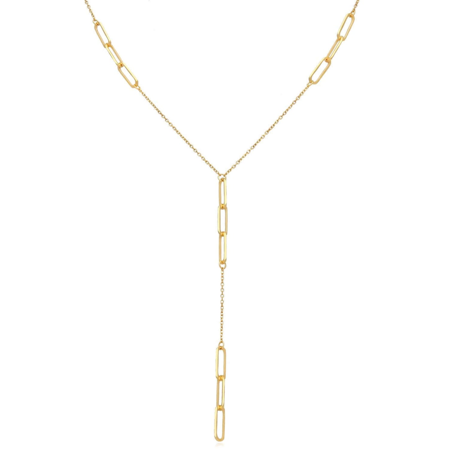 14K Real Gold 17" Lariat Paperclip Chain Necklace with 2.9" Drop