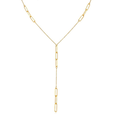 14K Yellow Gold 17" Lariat Paperclip Chain Necklace (Solid Links) with 2.9" Drop - WJD Exclusives